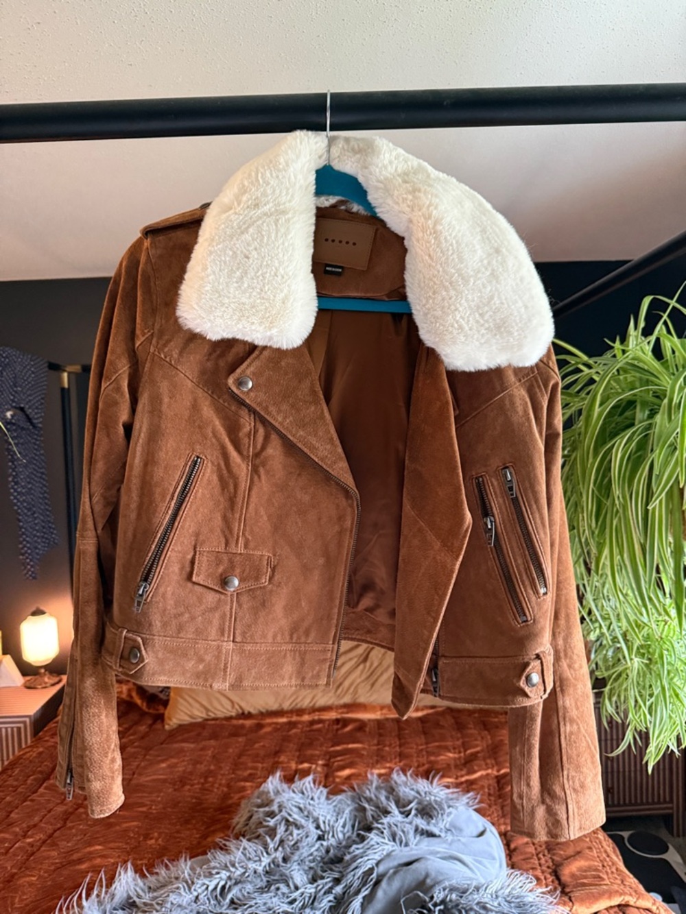 Blank NYC Brown Suede Bomber Jacket with Cream Faux Shearling Collar